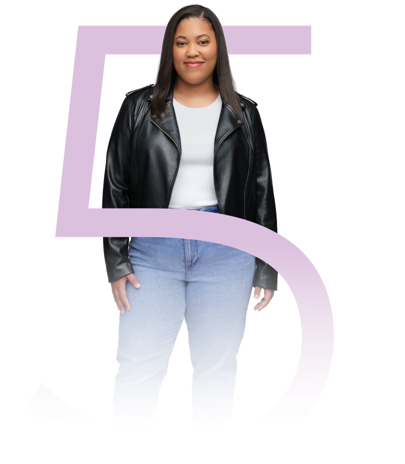 A full image of Amber standing within the number 5, representative of her MG-ADL score
