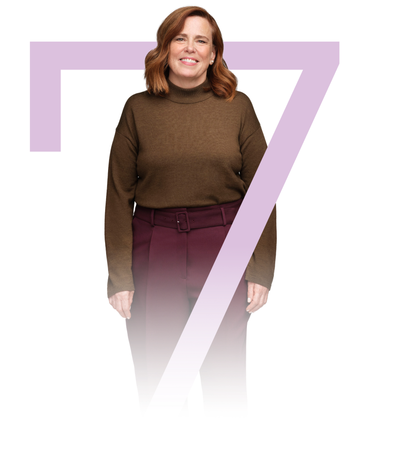A full image of Diane standing within the number 7, representative of her MG-ADL score