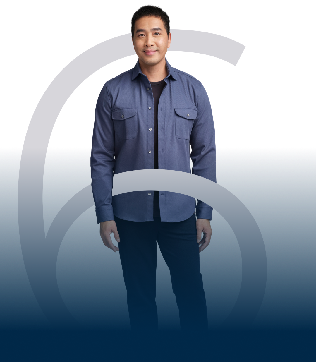 A full image of Matthew standing within the number 6, representative of her MG-ADL score