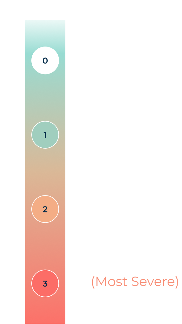 Graphic of a scale going from 0 to 3, gradually increasing in hot colors to indicate severity